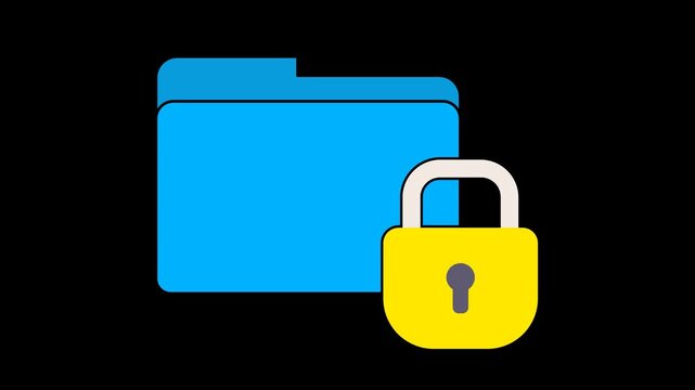 Seamless looping blue file folder animation with a yellow lock moving up and down. Data security and privacy motion graphic on a transparent alpha channel for cyber safety visual themes
