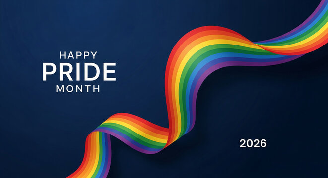 Ribbon with a rainbow flag pattern flowing on dark blue, Pride month celebratory concept, showcasing inclusion and equality in 2026