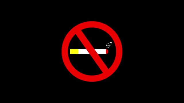 No smoking sign animation with burning cigarette and prohibition symbol on black background. 4K Video