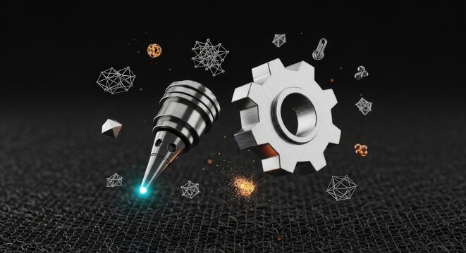 Luxury Additive Manufacturing Concept: Titanium 3D Nozzle and Chrome Gear Icons on Industrial Carbon Fiber Mesh
