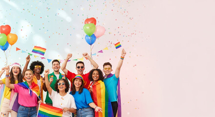 Fototapeta premium Group of smiling people holding rainbow flags and balloons, confetti falling, representing acceptance, pride, and celebration for LGBT community event
