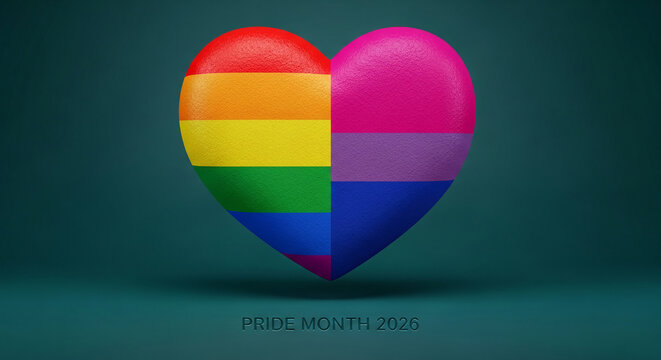 Heart divided in half, displaying rainbow colors and bisexual flag, on teal background, symbolizing love and tolerance for pride month
