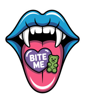 A stylized cartoon sticker design of vampire-like lips with bright blue iridescent coloring and white fangs against a black background
