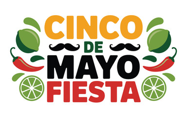 Naklejka premium Cinco de mayo fiesta lettering with lime, chili and mustache.