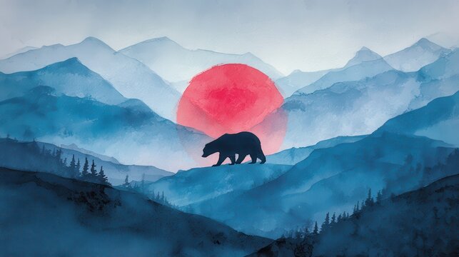 Watercolor and ink. Wide perspective of the Canadian Rockies, multi-layered mountain in blues, a central bear silhouette with a large, clean red sun behind it