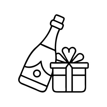 Champagne bottle and gift box for celebration, minimalistic line art style, black and white
