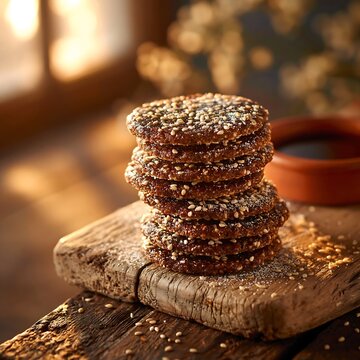 Stack of traditional dibs el kharroub biscuits with sesame seeds