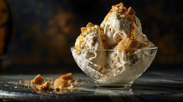 Amaretto ice cream with crunchy almond biscuits and honey drizzle