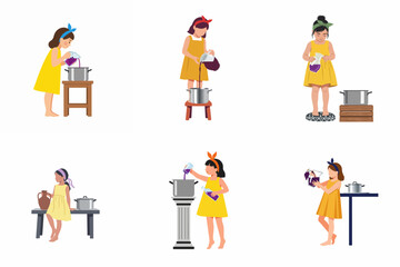Fototapeta premium Set of flat vector illustrations depicting young girls in yellow dresses pouring juice or wine into pots, symbolizing traditional homemade beverage preparation.
