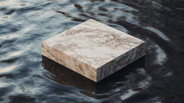 A square stone textured pedestal platform hovering above dark rippling water surface for product display presentation concept with luxury marble effect