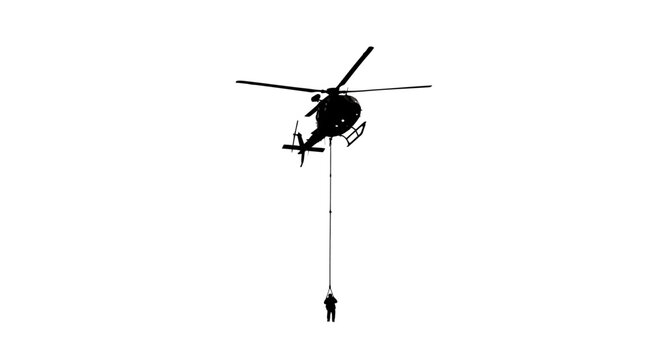 Rescue helicopter with person on rope.
