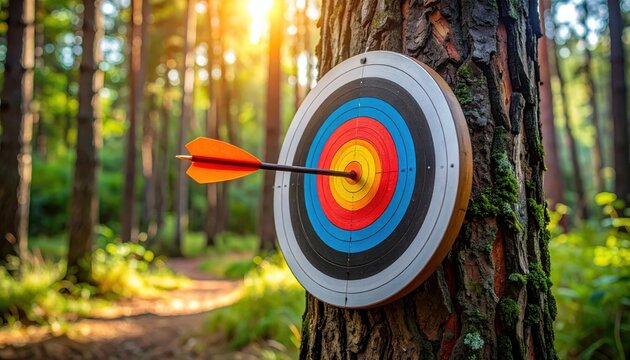 A 3d business concept of red darts and an arrow hitting the bull's-eye center of a target dartboard to symbolise accuracy and success in reaching a marketing goal