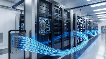 Fototapeta premium Data center, server room, technology infrastructure, blue cables