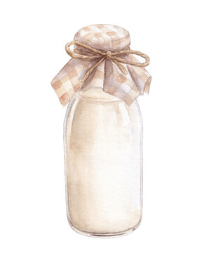 Watercolor glass bottle of milk with checkered fabric on top and bow in rustic style