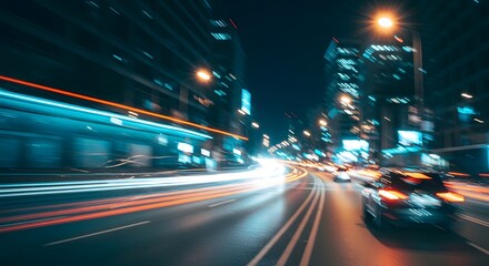 Fototapeta premium Dynamic night cityscape a long exposure captures the energy of urban transportation and illuminated buildings