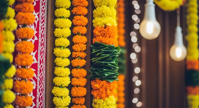Vibrant marigold garlands a colorful display of traditional indian floral decorations for celebration