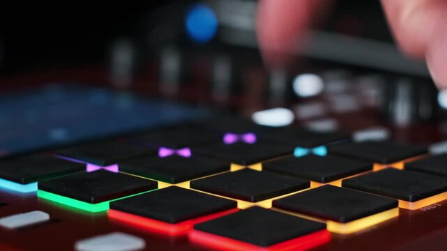 A musician finger rhythmically taps the colorful backlit pads of a digital music sampler controller. Concept of electronic music production, live performance, and modern beat making.