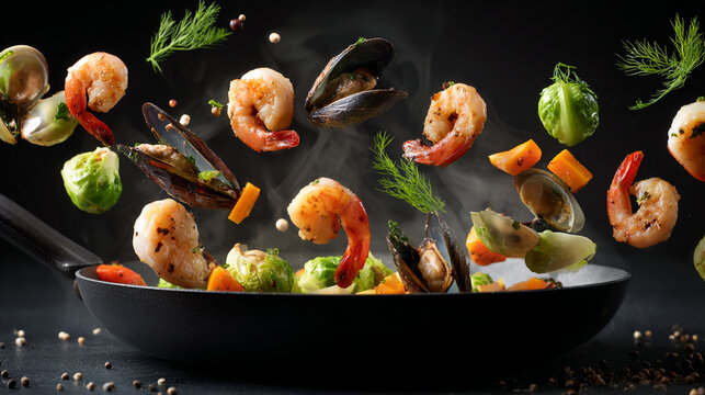 Fresh seafood and vegetables flying into frying pan with black background, ingredients