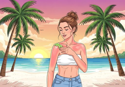 Young Woman on Beach Applying Green Sunscreen