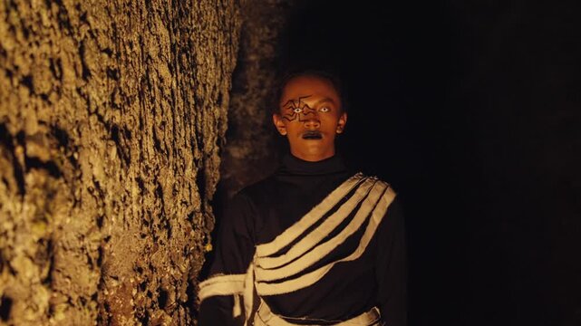 Creepy Man with White Eyes Explores a Dark Cave