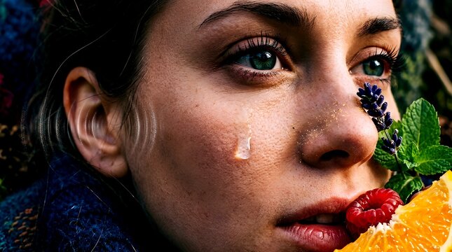​​A conceptual portrait of a woman embodying synesthesia. Taste, smell, and internal emotion converge, with the body acting as a medium for this deep, intertwined sensorimotor experience.experience.