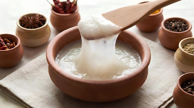 Silken translucent papeda being scooped from a clay bowl, surrounded by spices.
