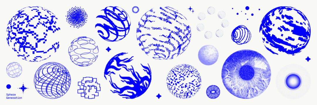 Set of abstract geometric shapes with bitmap, halftone and stipple effect. Trendy vector illustration with 3d wireframe models. Concept techno style