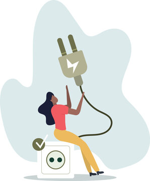flat vector illustration. unplug appliances.Power save concept.person's life situation and his activities.
