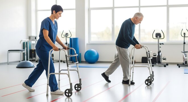 A physical therapist assists an elderly man with a walker during a rehabilitation exercise session in a bright, well-equipped gym.