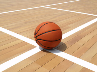 Naklejka premium A basketball sits alone on a wooden court with white lines