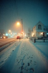 Obraz premium a snowy street in a town at night.
