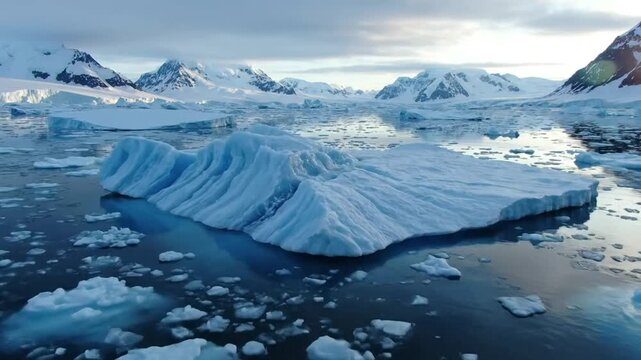 Dramatic Aerial View of Icebergs and Frozen Arctic Landscape with Snowy Mountain Range Under Cloudy Skies