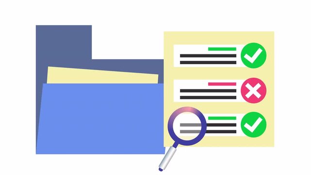 Check mark on document checklist verification in research folder in a cartoon animation. Flat design of the file review and approval process concept in the alpha channel. Audit data validation.