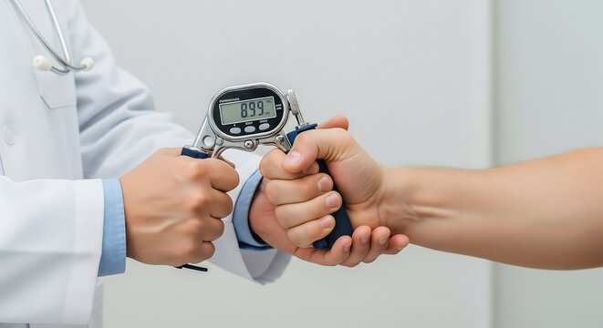 Doctor testing patient's grip strength with a digital dynamometer during a medical examination.