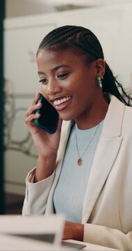 Phone call, business and woman with laptop in office for research, client communication and real estate. Realtor, people and tech with schedule for property price, online inquiry and resale listing