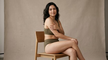 Naklejka premium Authentic portrait of a confident woman with natural curves in green bralette and briefs, promoting body positivity and self-acceptance on a neutral background.