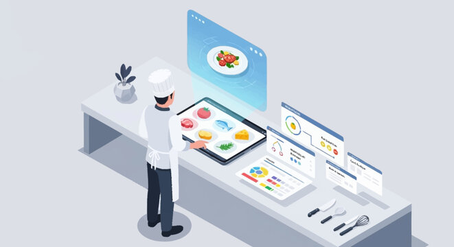 Isometric illustration of a chef analyzing food data on a tablet.