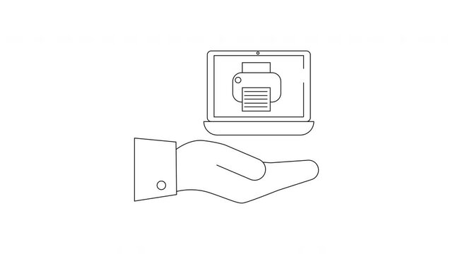 Hand holding laptop with printer icon on screen, digital printing concept.