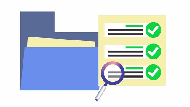 Approved check mark on document checklist verification in research folder in a cartoon animation. Flat design of file review and approval process concept in the alpha channel. Audit data validation.