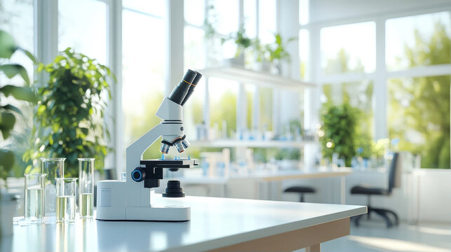 Professional laboratory microscope placed on a clean white desk with scientific glassware in a bright modern research facility with lush green plants and natural window light background