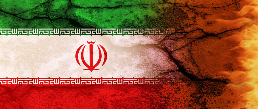 Flags of iran amidst flames symbolizing complex middle eastern geopolitics and tensions, Tension between israel  American and iran flags on fire. not ai