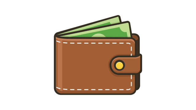 Brown leather bifold wallet vector icon with green paper money bills sticking out, modern flat design illustration on white background, symbol of finance, wealth, savings, and payment methods.