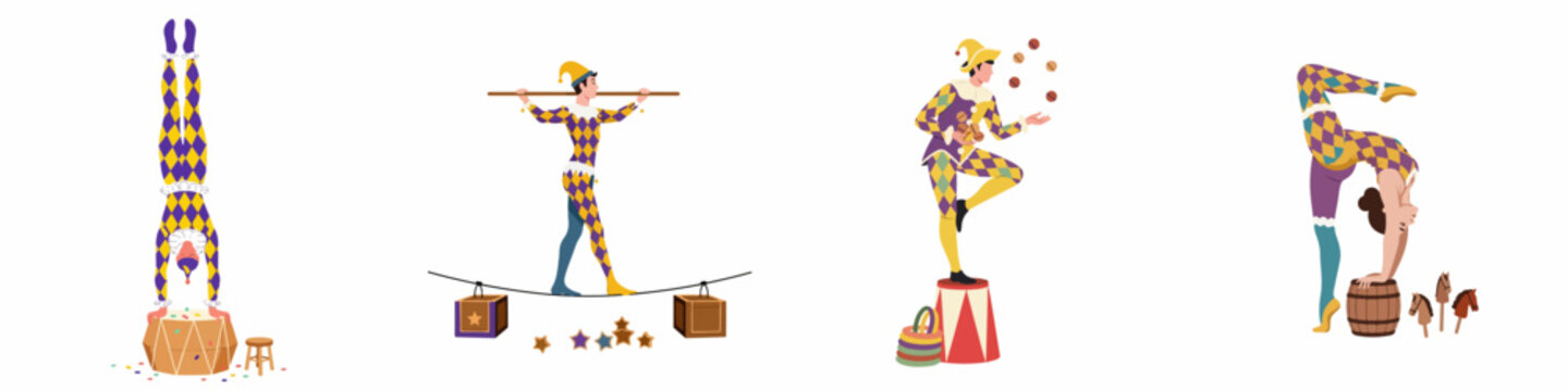 Set of circus performers in harlequin costumes including a handstand artist, tightrope walker, juggler, and contortionist, isolated on a white background.