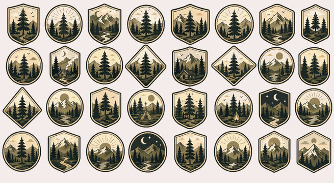 Forest Pine Crest Pack. Vintage Outdoor SVG Vector Set with Adventure Badges, Camping Emblems, Mountain Crest Logos and Nature Patch Elements, forest pine crest, pine tree badge pack