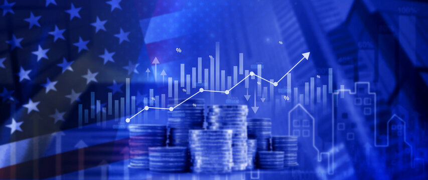 Stock market business and exchange financial growth graph. Business chart data graph diagram US, business trading graph investment growth, global trend arrow up and down. not ai