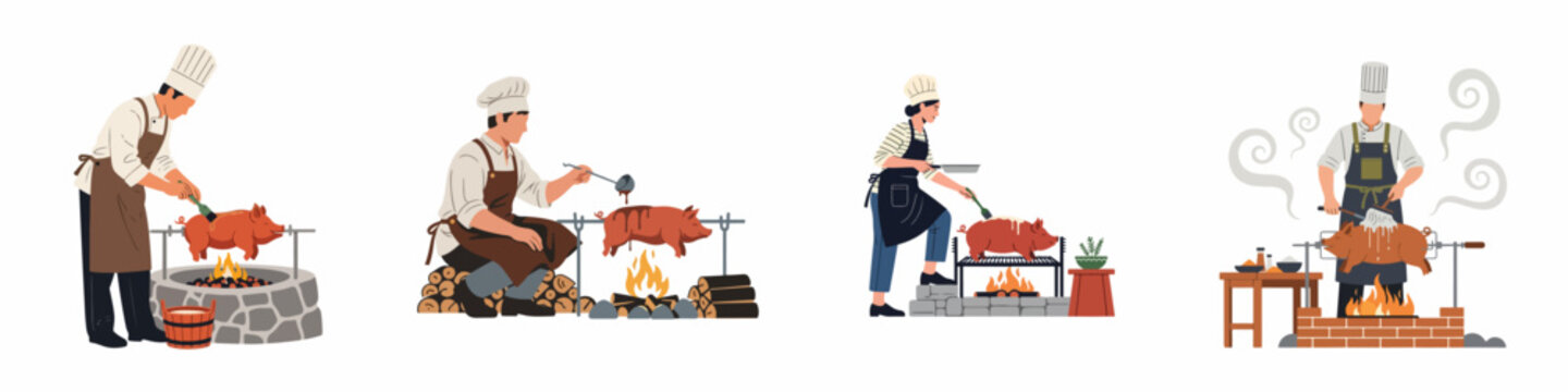 Set of four illustrations showing professional chefs roasting a whole suckling pig on a rotating spit over an open fire pit.