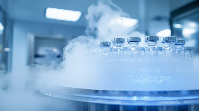 Cryogenic storage of medical glass vials in liquid nitrogen vapor within a high tech laboratory for scientific research, biotechnology development, and pharmaceutical sample preservation.