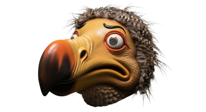 Dodo bird character head with expressive face, prehistoric extinct bird portrait, 3D rendered flightless bird with brown feathers and orange beak isolated PNG with Transparent Background