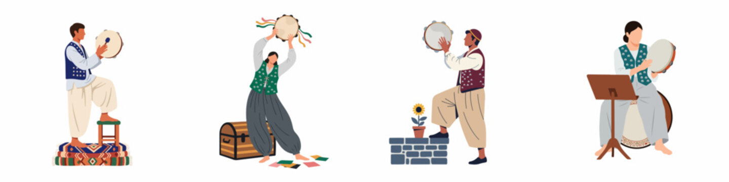 Set of illustrations depicting musicians in traditional Middle Eastern clothing playing frame drums such as the daf and tambourine in diverse poses.