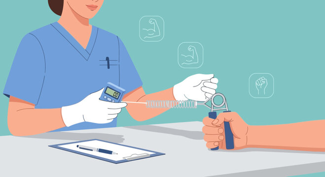 Doctor testing patient's hand grip strength with dynamometer, rehabilitation concept